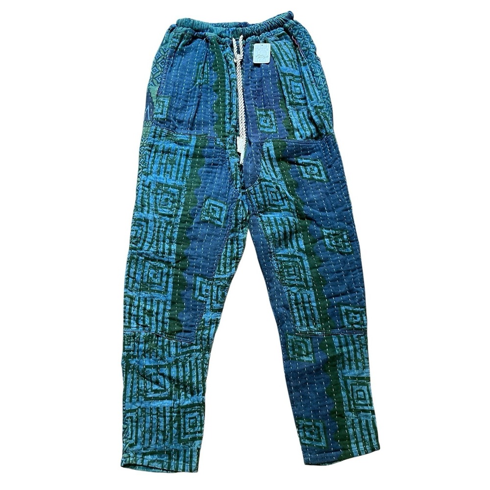 Free People Dr. Collectors Quilted Block Print Pant Rope Drawstring Blue, Small